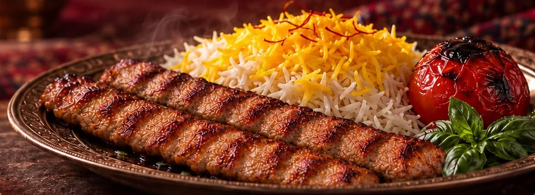 Two skewers of kabab koobideh on a copper plate with saffron rice, a grilled tomato and basil